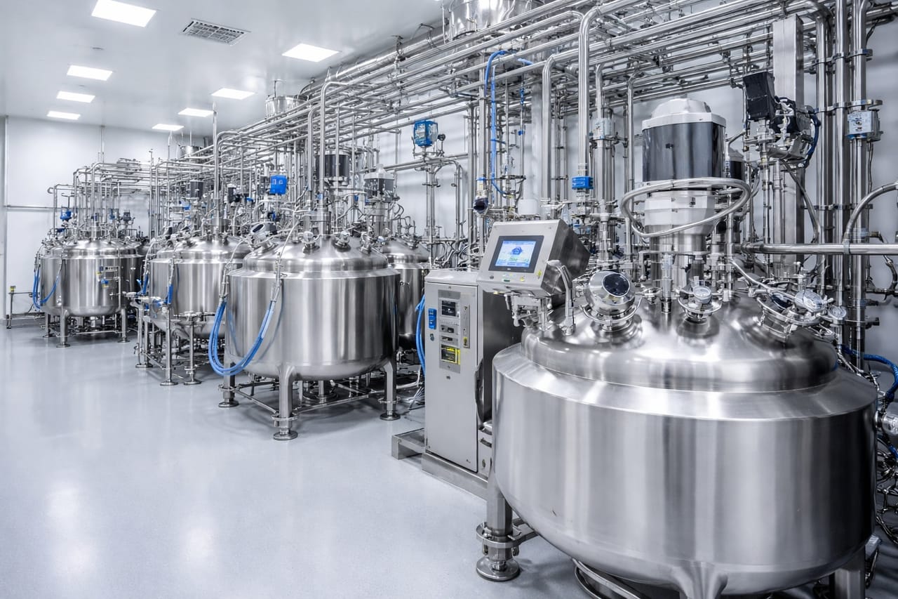 Prozessanlage mit mehreren Edelstahlbehältern, Rohrleitungen und Bedienterminal in reiner Produktionsumgebung