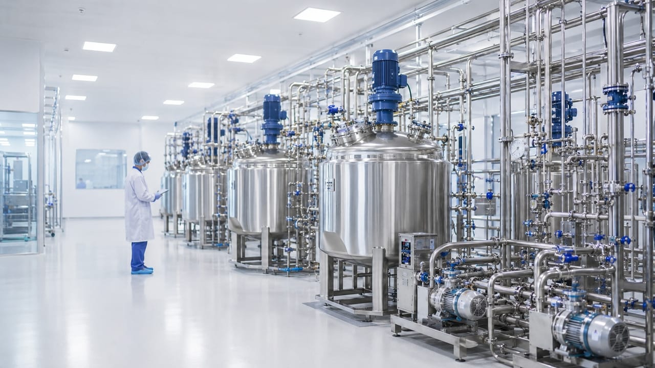 Edelstahl-Prozessanlage mit Rührbehältern und Rohrleitungen in einer hellen Produktionshalle, ein Techniker prüft die Anlage