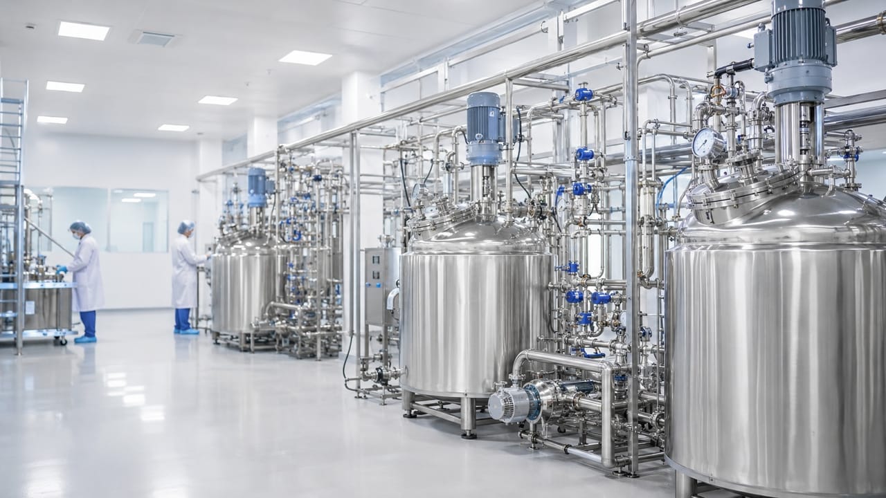 Reihe von Edelstahl-Rührbehältern mit Rührwerksantrieben in einer industriellen Produktionsanlage